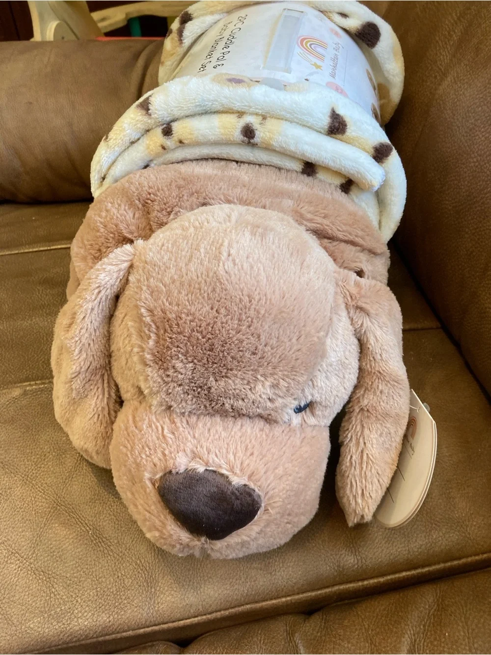 Plush Brown Dog Nap Pillow with Cream Polka-Trim Blanket - Cozy Pet Toy